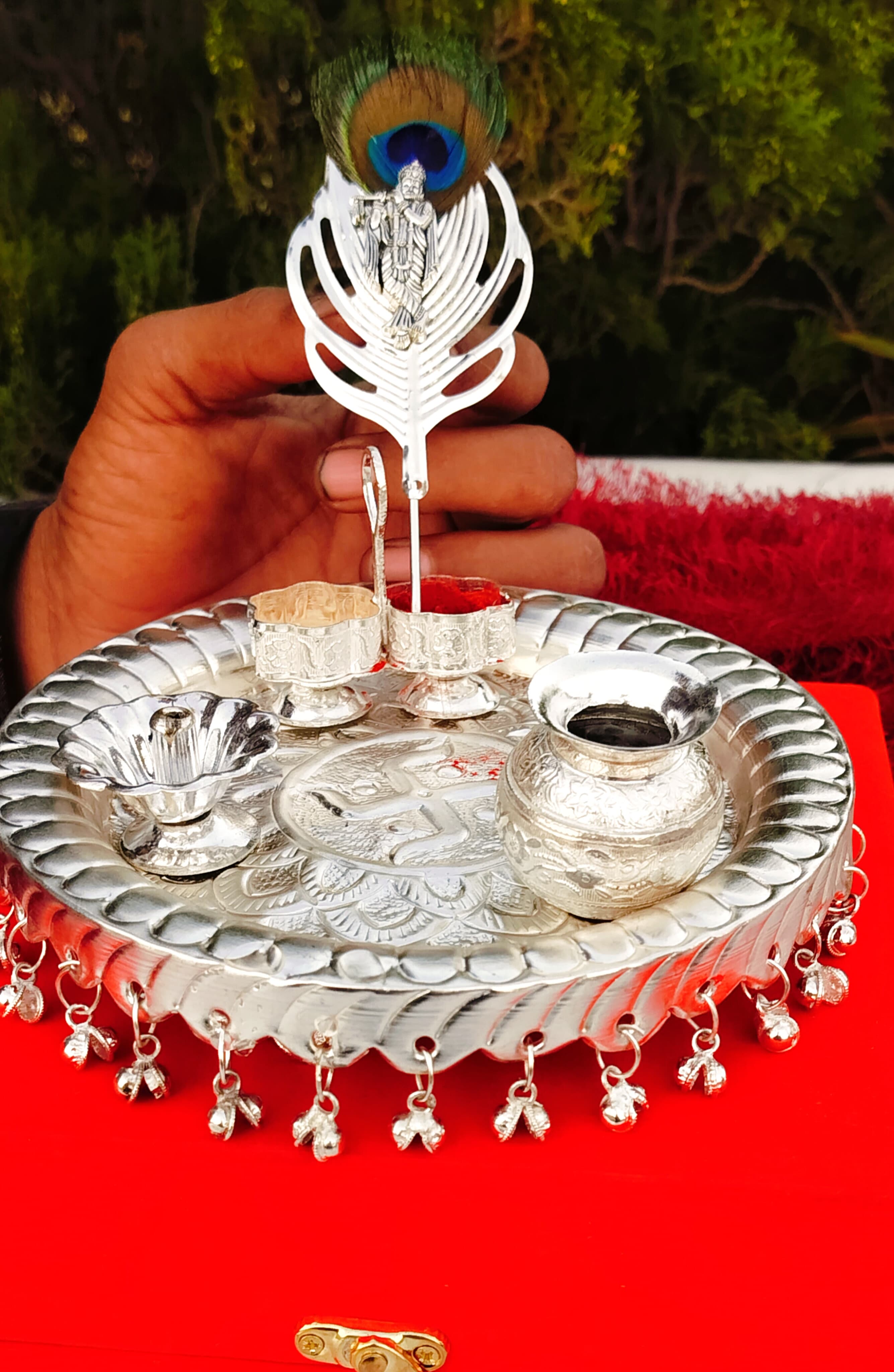 Additional image for German silver Ghungaru aarti thali set