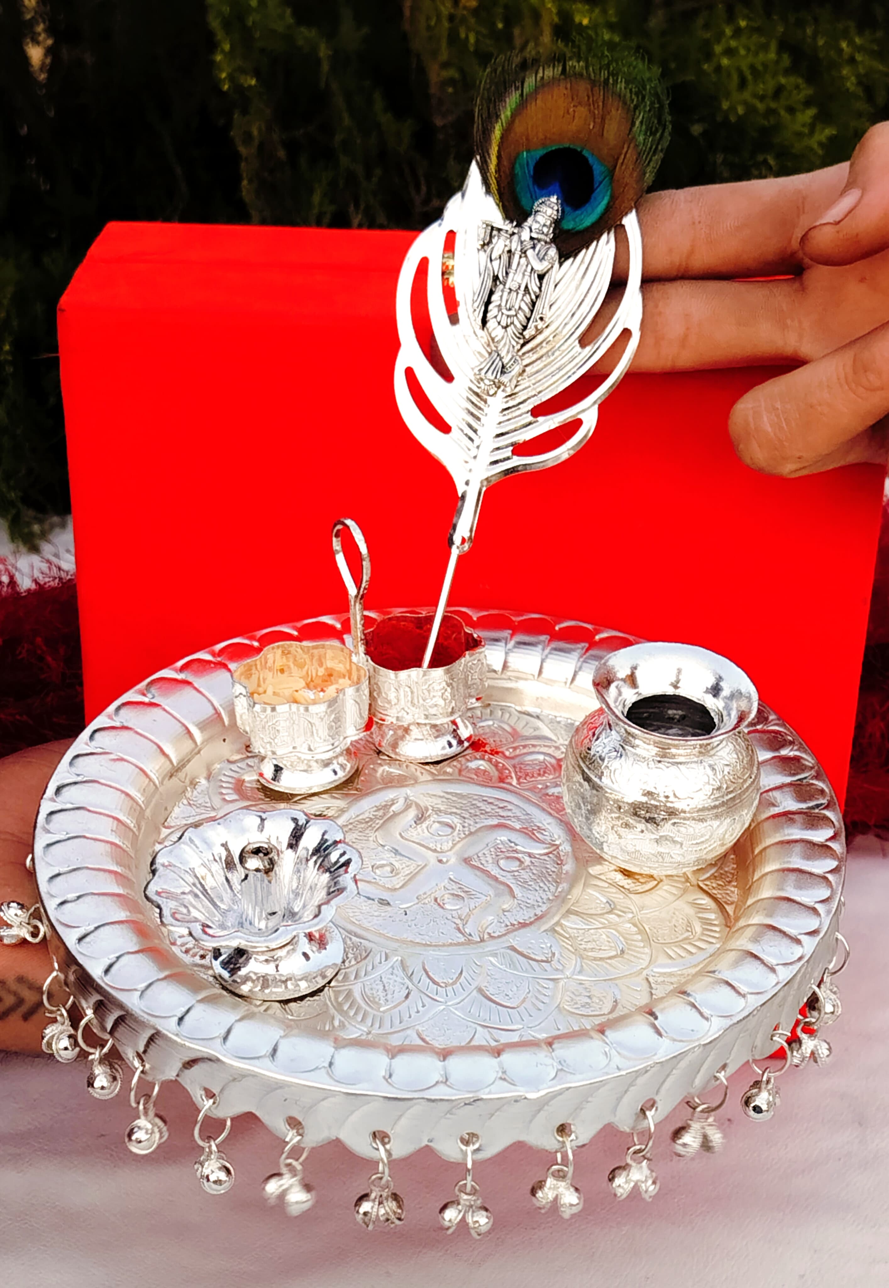 Additional image for German silver Ghungaru aarti thali set