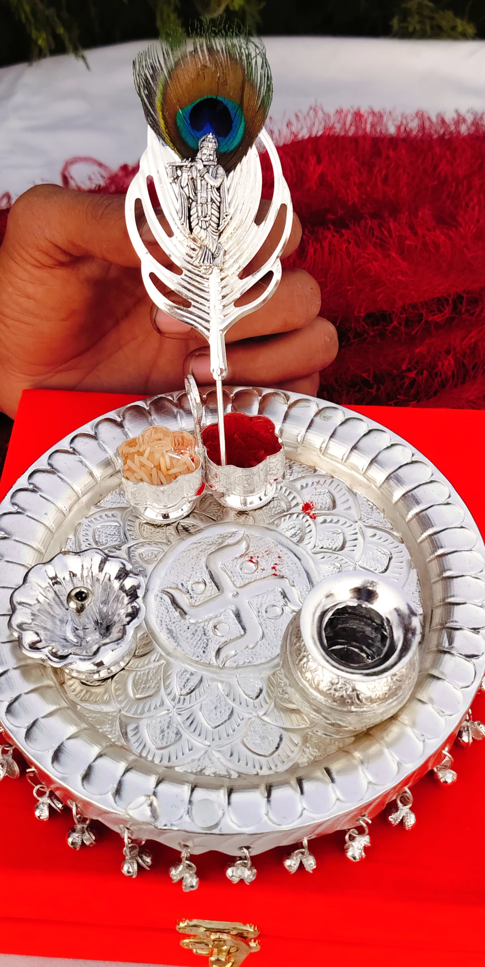 Additional image for German silver Ghungaru aarti thali set