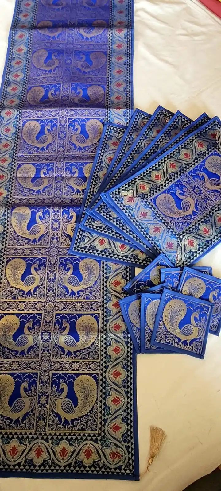 Exclusive Silk Brocade Table Runner Set with 6 Placemats & 6 Teacosters