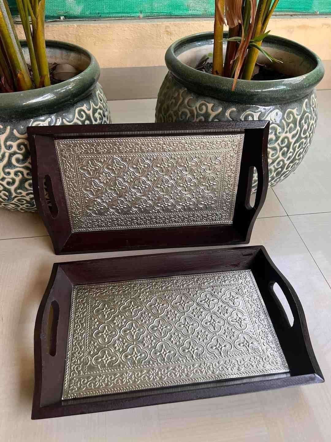 German Silver-Coated Wooden Trays